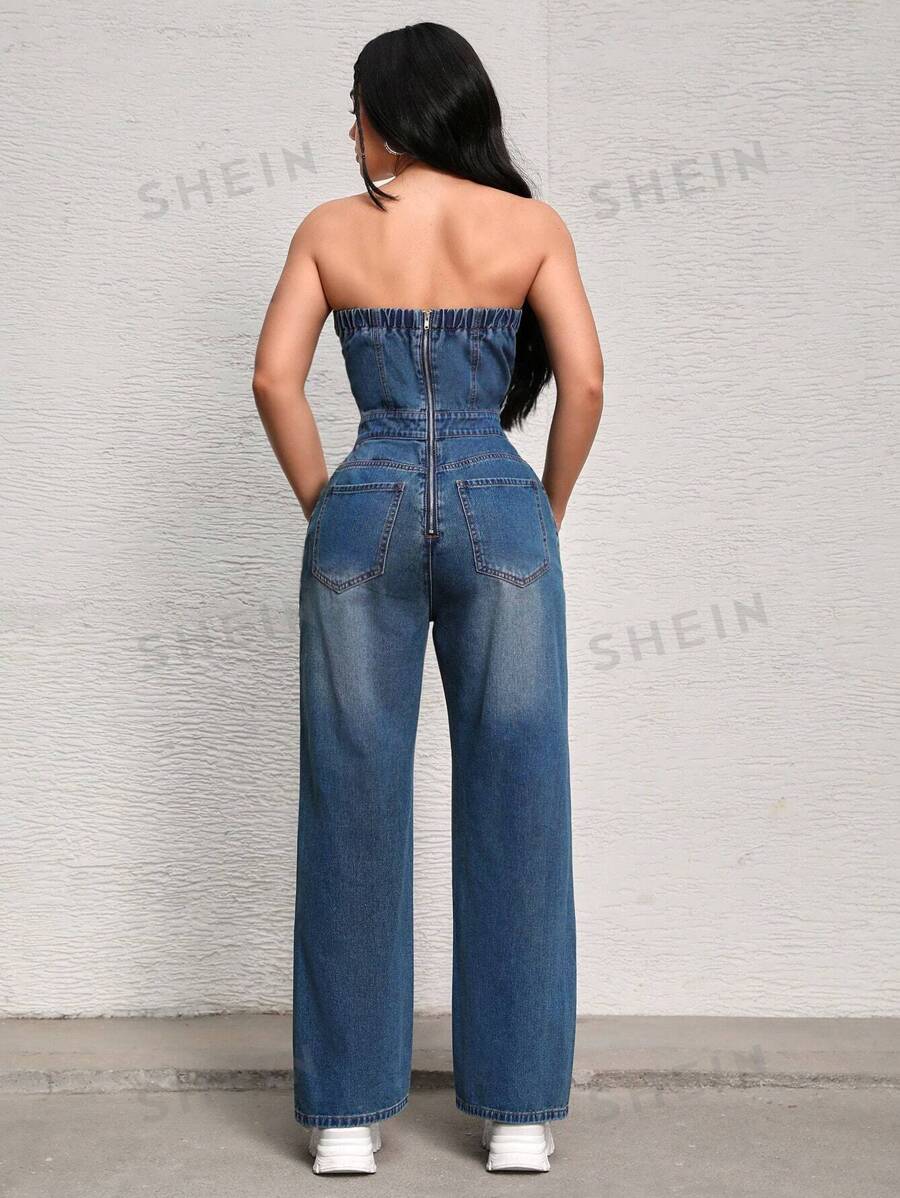 SHEIN SXY Mono vaquero sin tirantes ajustado a la cintura con cremallera trasera y unicolor