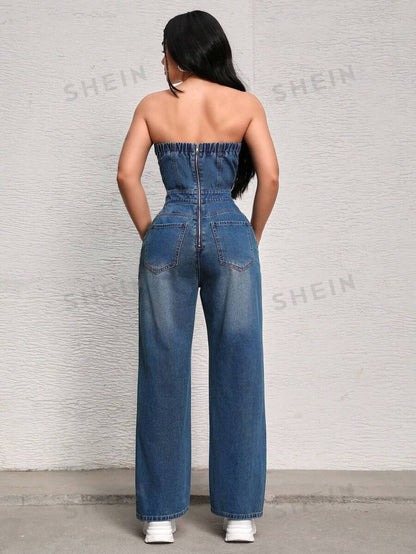 SHEIN SXY Mono vaquero sin tirantes ajustado a la cintura con cremallera trasera y unicolor