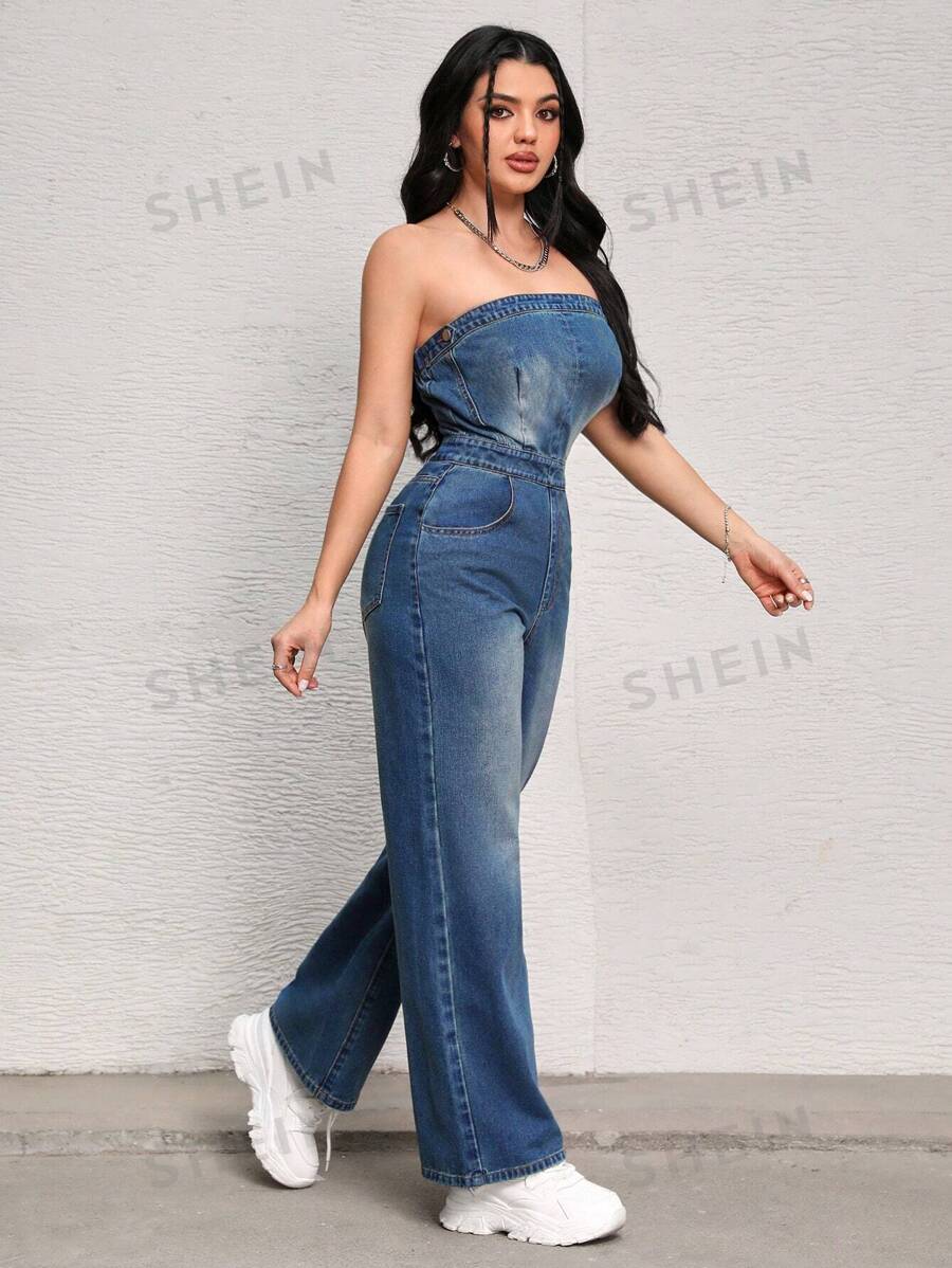 SHEIN SXY Mono vaquero sin tirantes ajustado a la cintura con cremallera trasera y unicolor