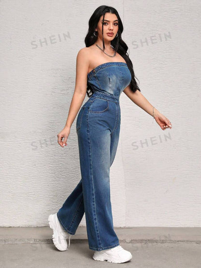 SHEIN SXY Mono vaquero sin tirantes ajustado a la cintura con cremallera trasera y unicolor