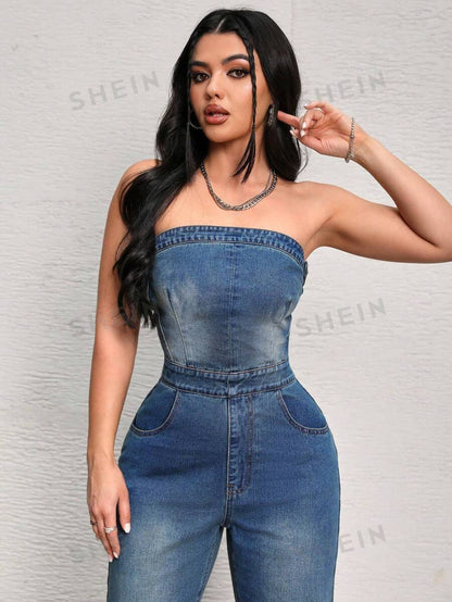 SHEIN SXY Mono vaquero sin tirantes ajustado a la cintura con cremallera trasera y unicolor