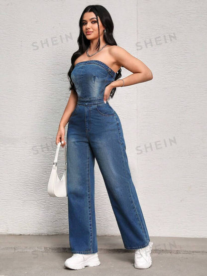 SHEIN SXY Mono vaquero sin tirantes ajustado a la cintura con cremallera trasera y unicolor