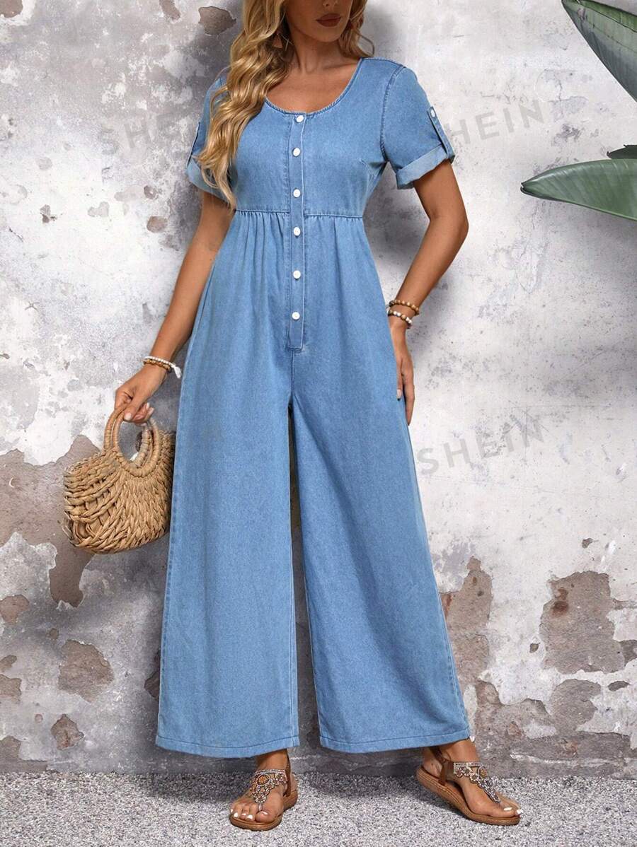 SHEIN LUNE Mujeres de moda mono de mezclilla suelto de manga corta de unicolor