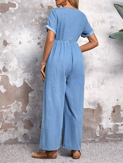 SHEIN LUNE Mujeres de moda mono de mezclilla suelto de manga corta de unicolor