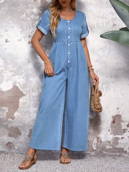 SHEIN LUNE Mujeres de moda mono de mezclilla suelto de manga corta de unicolor