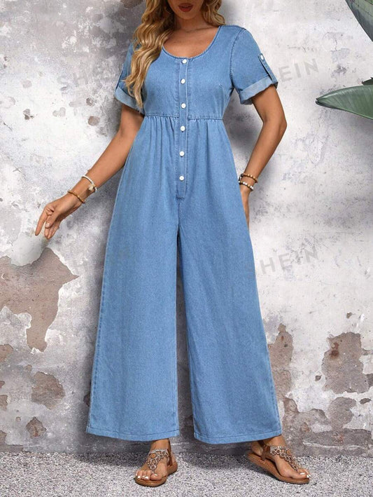 SHEIN LUNE Mujeres de moda mono de mezclilla suelto de manga corta de unicolor
