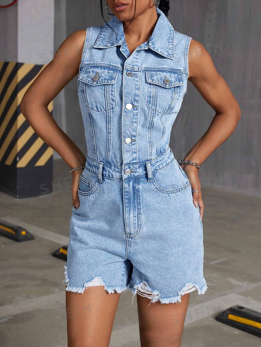 SHEIN ICON Enterizo simple de mezclilla sin mangas y con bordes deshilachados para mujer, lavado de agua