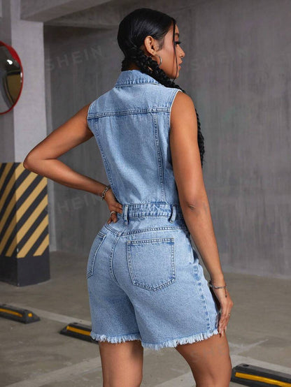 SHEIN ICON Enterizo simple de mezclilla sin mangas y con bordes deshilachados para mujer, lavado de agua