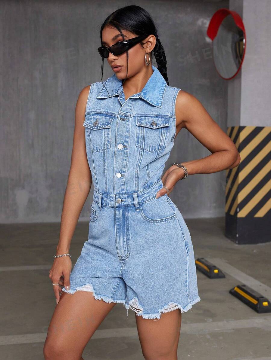 SHEIN ICON Enterizo simple de mezclilla sin mangas y con bordes deshilachados para mujer, lavado de agua