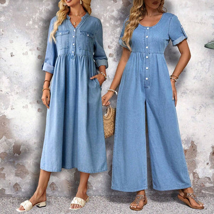 SHEIN LUNE Mujeres de moda mono de mezclilla suelto de manga corta de unicolor