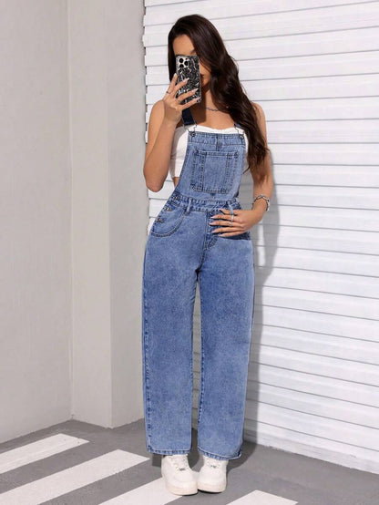 SHEIN PETITE Overoles de mezclilla para mujer de estilo simple y sólido para uso diario
