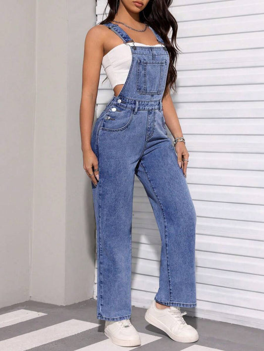 SHEIN PETITE Overoles de mezclilla para mujer de estilo simple y sólido para uso diario