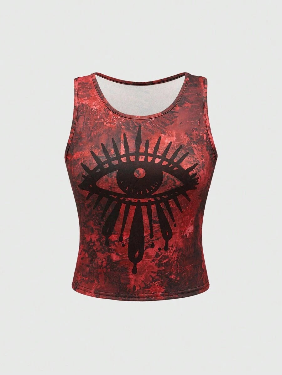 ROMWE Grunge Punk Camiseta sin mangas punk con diseño anudado teñido y estampado de ojos negros misteriosos para chicas callejeras mujer