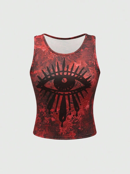 ROMWE Grunge Punk Camiseta sin mangas punk con diseño anudado teñido y estampado de ojos negros misteriosos para chicas callejeras mujer