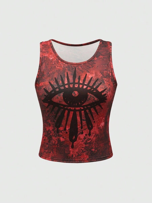 ROMWE Grunge Punk Camiseta sin mangas punk con diseño anudado teñido y estampado de ojos negros misteriosos para chicas callejeras mujer