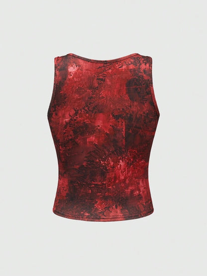 ROMWE Grunge Punk Camiseta sin mangas punk con diseño anudado teñido y estampado de ojos negros misteriosos para chicas callejeras mujer