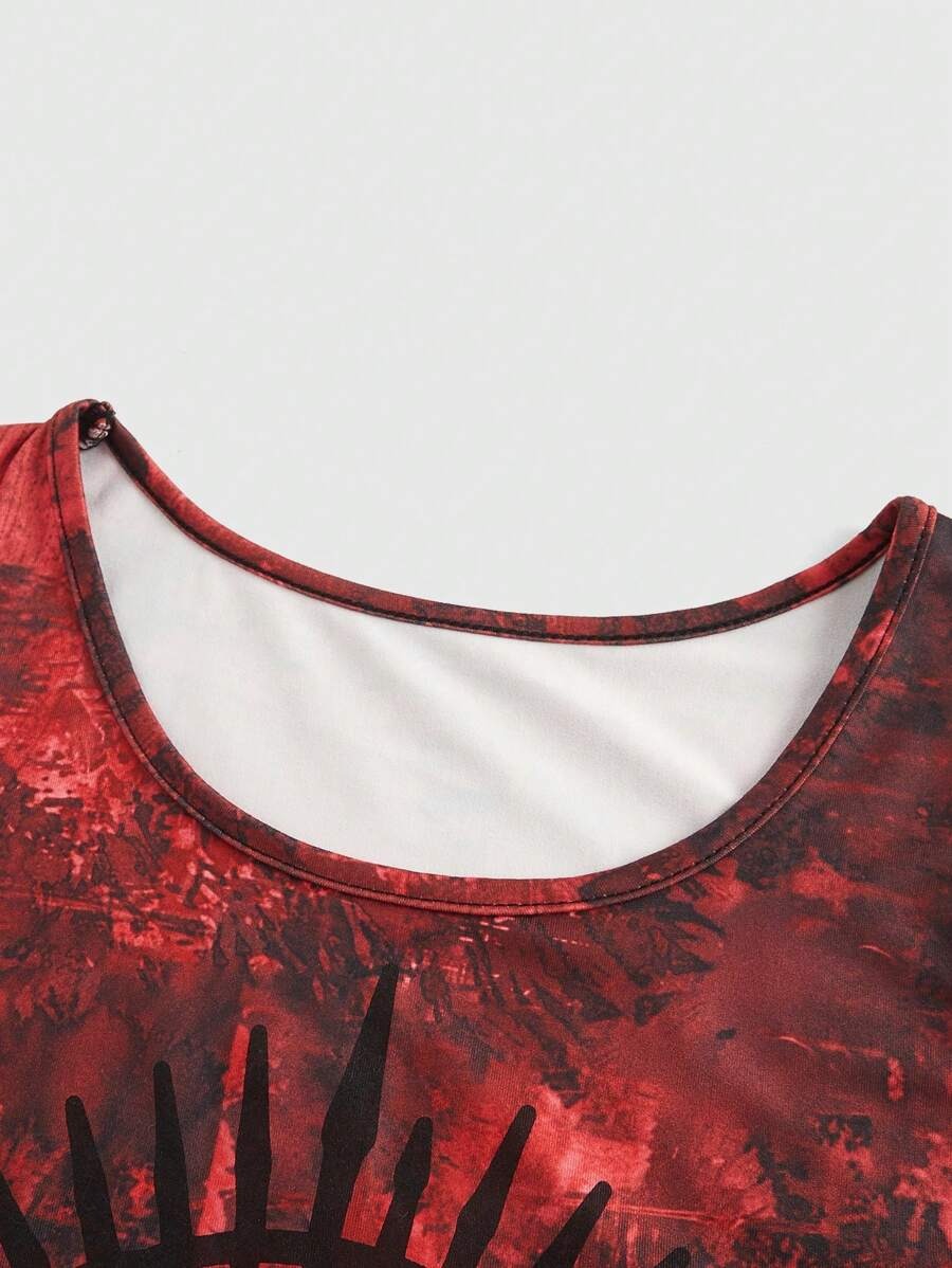 ROMWE Grunge Punk Camiseta sin mangas punk con diseño anudado teñido y estampado de ojos negros misteriosos para chicas callejeras mujer