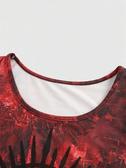 ROMWE Grunge Punk Camiseta sin mangas punk con diseño anudado teñido y estampado de ojos negros misteriosos para chicas callejeras mujer
