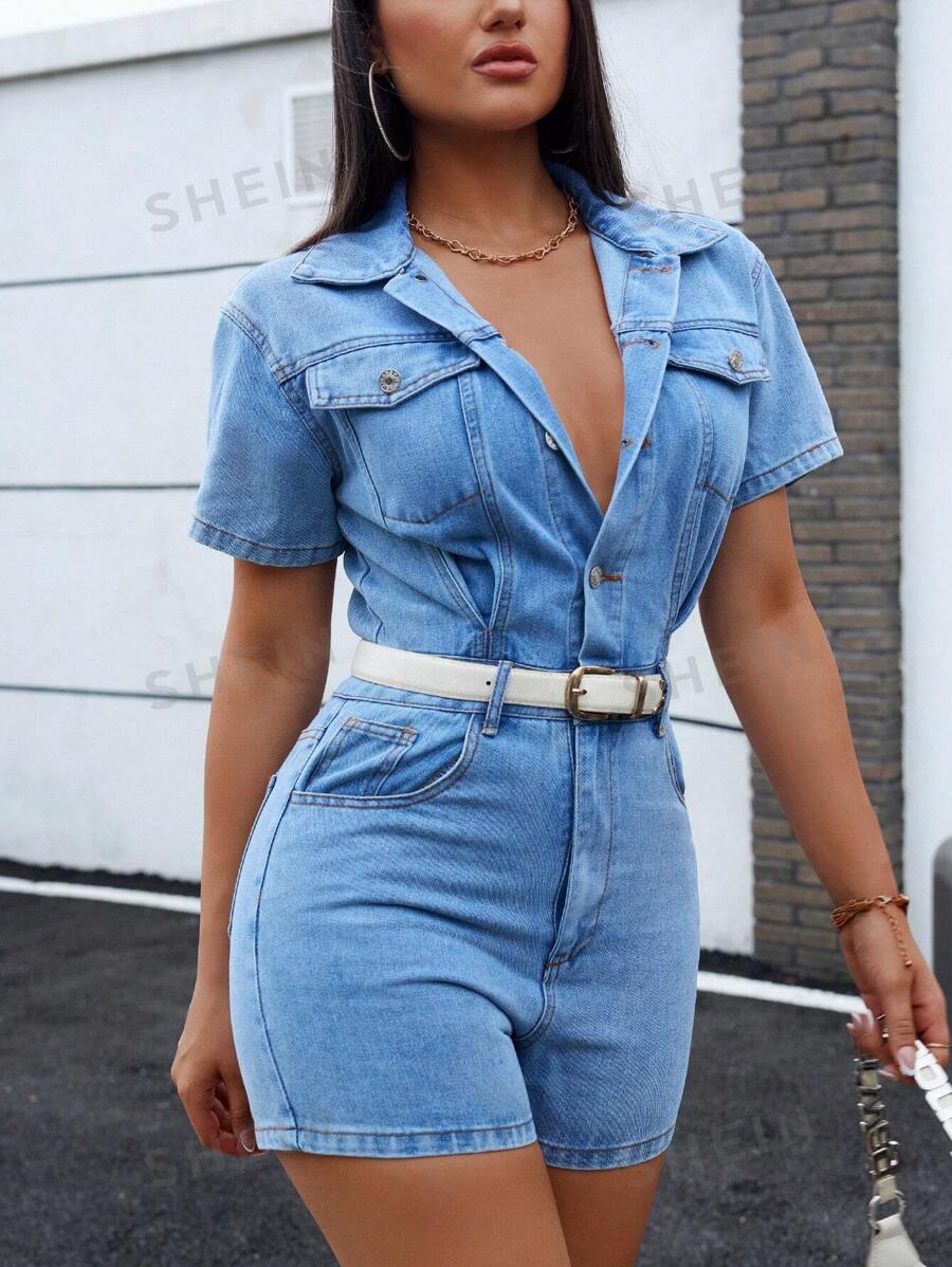 SHEIN Essnce Mono denim casual de mujer con bolsillo tipo flip, manga corta, ideal para verano