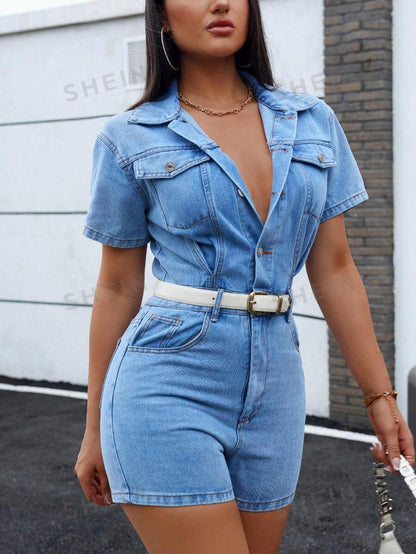 SHEIN Essnce Mono denim casual de mujer con bolsillo tipo flip, manga corta, ideal para verano