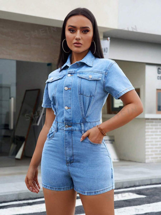 SHEIN Essnce Mono denim casual de mujer con bolsillo tipo flip, manga corta, ideal para verano