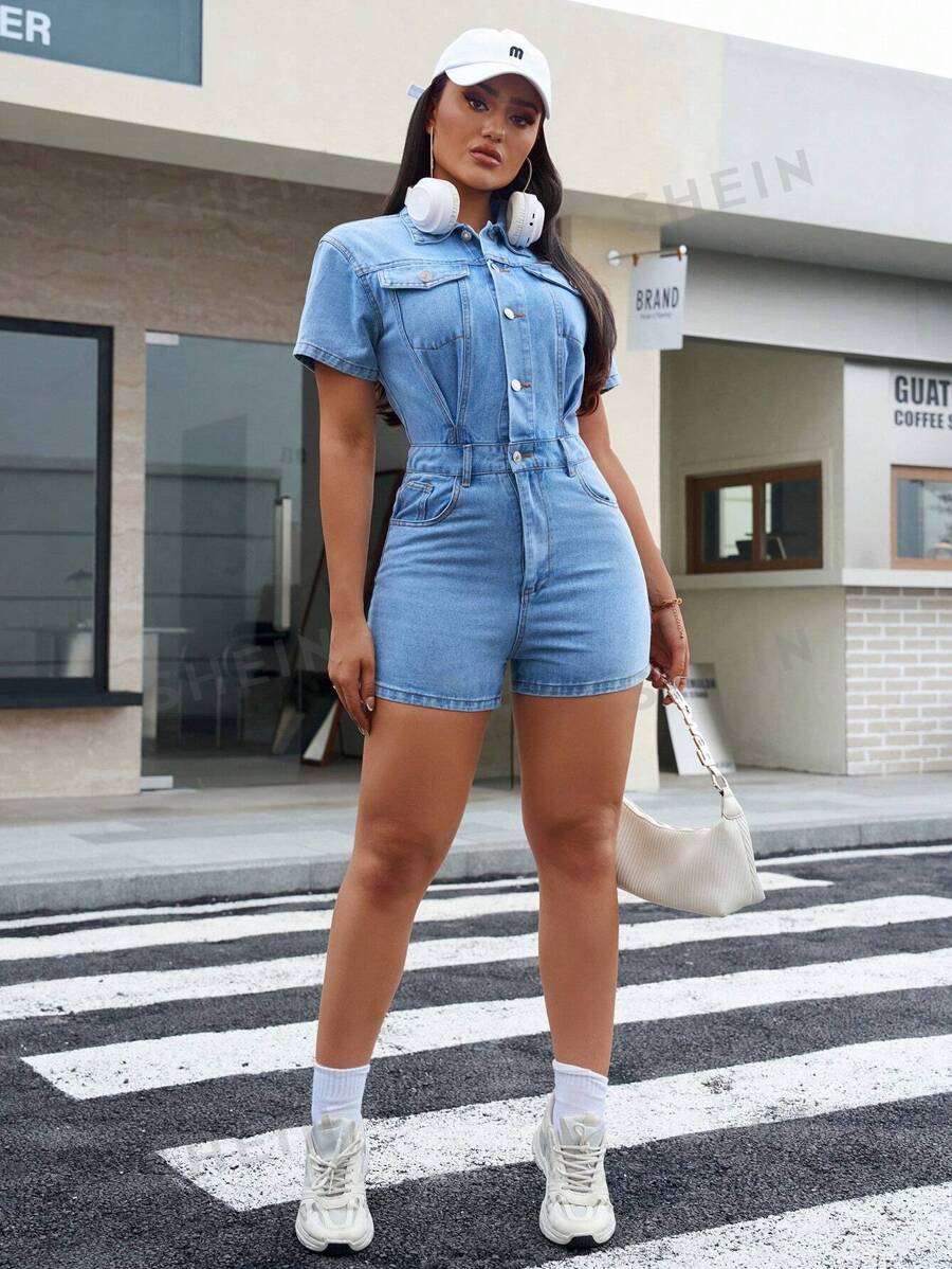 SHEIN Essnce Mono denim casual de mujer con bolsillo tipo flip, manga corta, ideal para verano