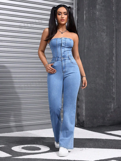 SHEIN EZwear Petos y monos de mezclilla para mujer