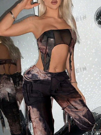 SHEIN ICON Conjunto de top tubo y pantalón largo asimétrico de red con estampado tie-dye para mujer, sexy y de verano