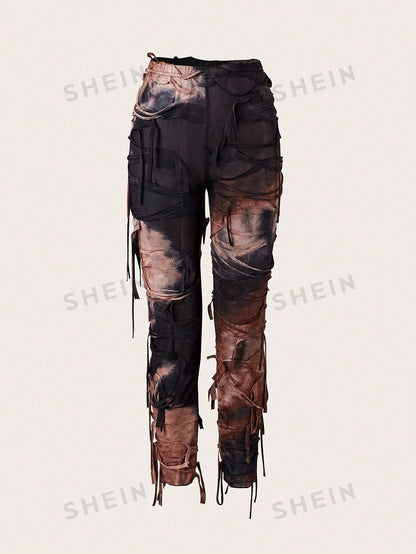SHEIN ICON Conjunto de top tubo y pantalón largo asimétrico de red con estampado tie-dye para mujer, sexy y de verano