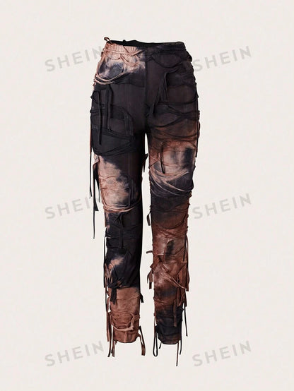 SHEIN ICON Conjunto de top tubo y pantalón largo asimétrico de red con estampado tie-dye para mujer, sexy y de verano