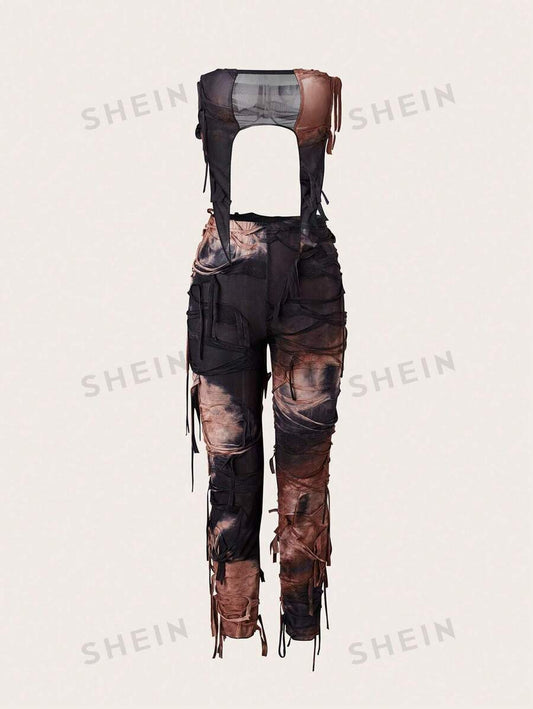 SHEIN ICON Conjunto de top tubo y pantalón largo asimétrico de red con estampado tie-dye para mujer, sexy y de verano