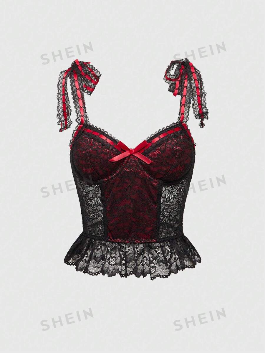 ROMWE Goth Camisola de seda roja con ribete de encaje, forro interior, diseño de cinta y flores para estrechar la cintura