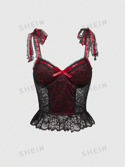 ROMWE Goth Camisola de seda roja con ribete de encaje, forro interior, diseño de cinta y flores para estrechar la cintura