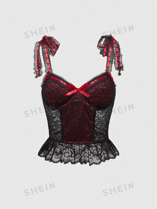 ROMWE Goth Camisola de seda roja con ribete de encaje, forro interior, diseño de cinta y flores para estrechar la cintura