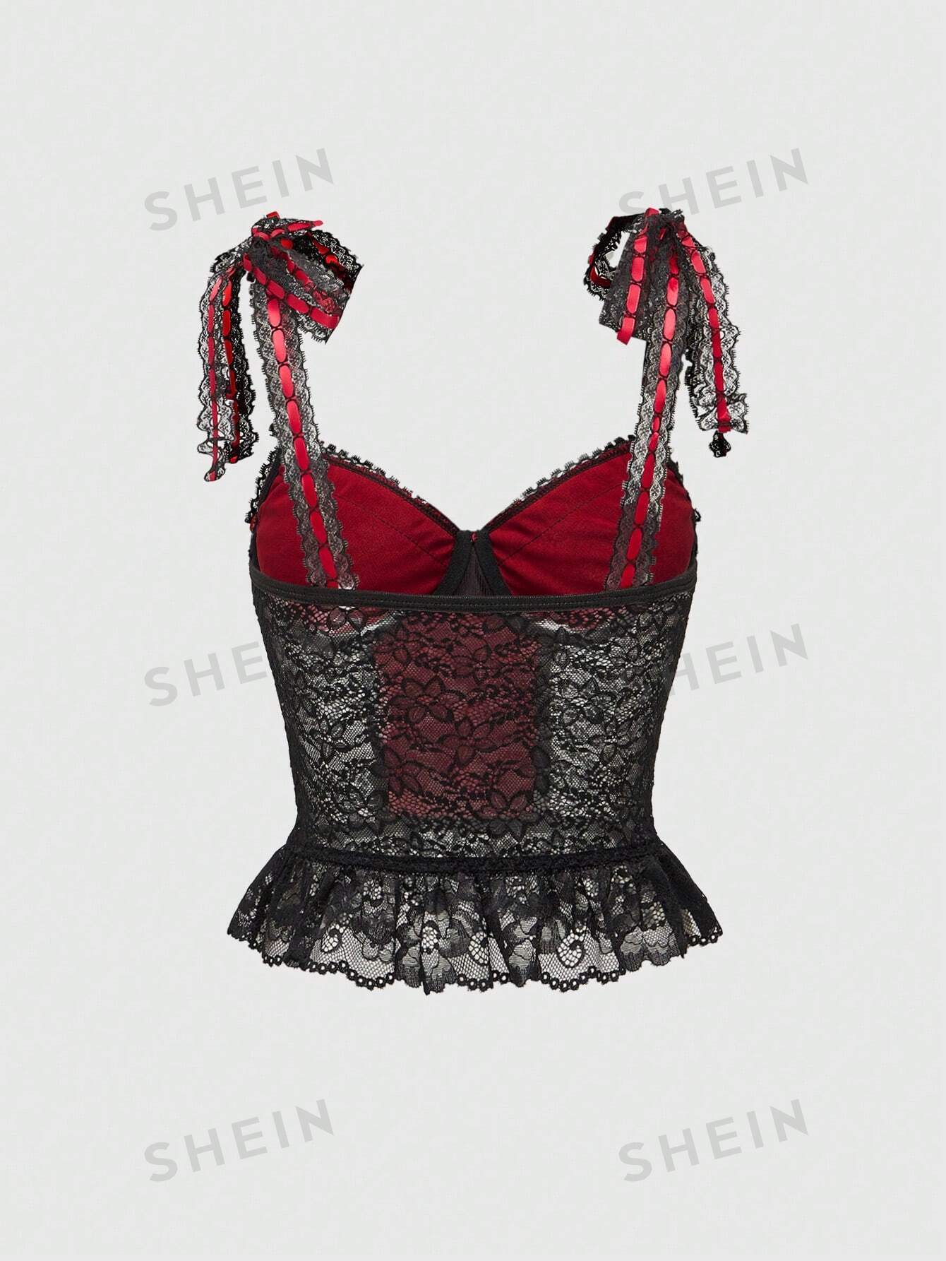 ROMWE Goth Camisola de seda roja con ribete de encaje, forro interior, diseño de cinta y flores para estrechar la cintura