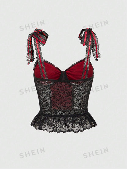 ROMWE Goth Camisola de seda roja con ribete de encaje, forro interior, diseño de cinta y flores para estrechar la cintura