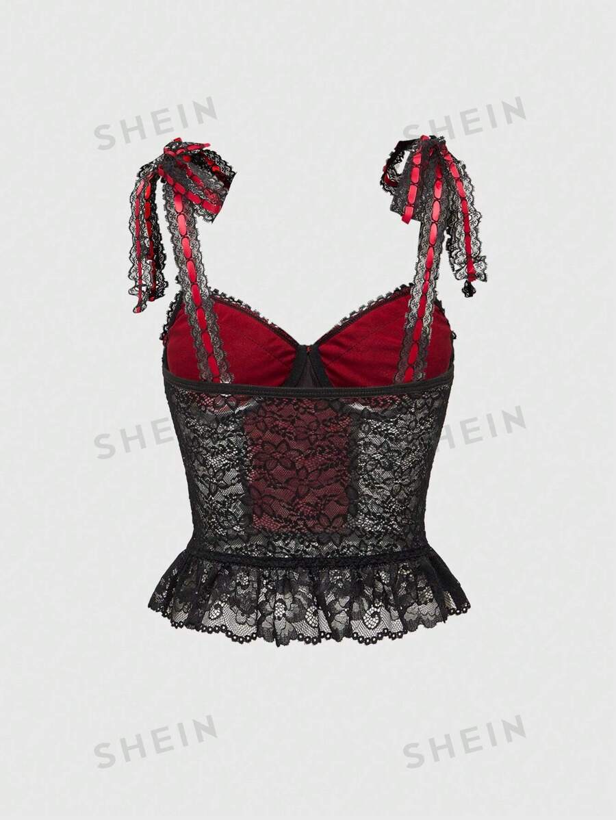 ROMWE Goth Camisola de seda roja con ribete de encaje, forro interior, diseño de cinta y flores para estrechar la cintura