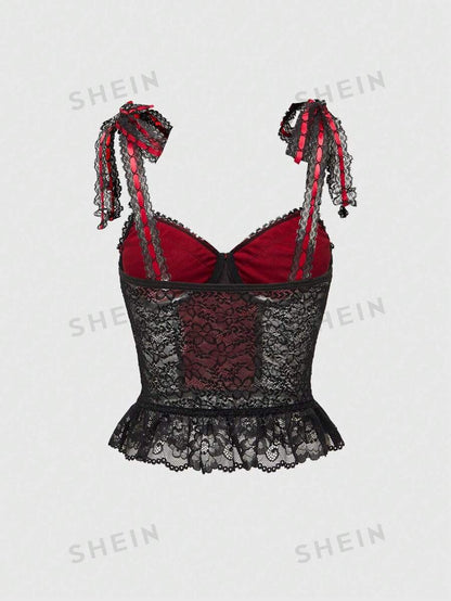 ROMWE Goth Camisola de seda roja con ribete de encaje, forro interior, diseño de cinta y flores para estrechar la cintura