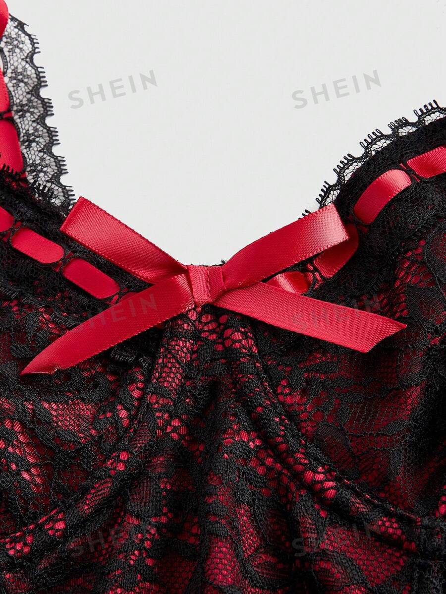 ROMWE Goth Camisola de seda roja con ribete de encaje, forro interior, diseño de cinta y flores para estrechar la cintura