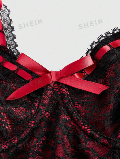 ROMWE Goth Camisola de seda roja con ribete de encaje, forro interior, diseño de cinta y flores para estrechar la cintura