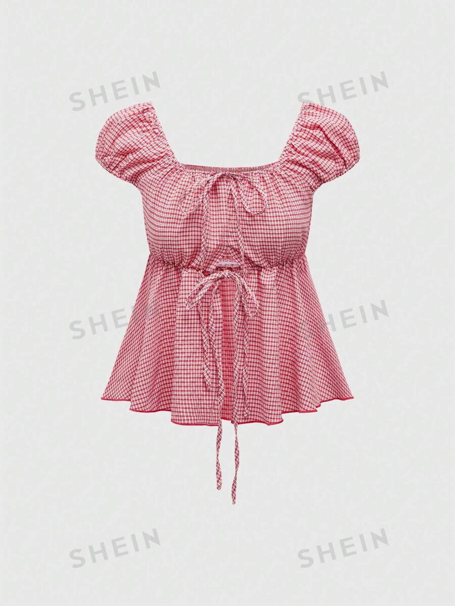 ROMWE Kawaii Camisa de manga corta para mujer con escote cuadrado, nudo delantero y dobladillo con ribete de volantes, ideal para verano