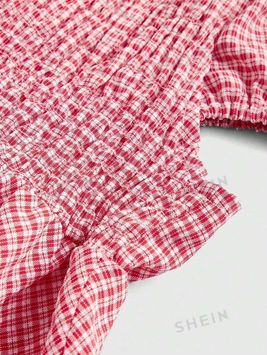 ROMWE Kawaii Camisa de manga corta para mujer con escote cuadrado, nudo delantero y dobladillo con ribete de volantes, ideal para verano