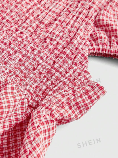 ROMWE Kawaii Camisa de manga corta para mujer con escote cuadrado, nudo delantero y dobladillo con ribete de volantes, ideal para verano