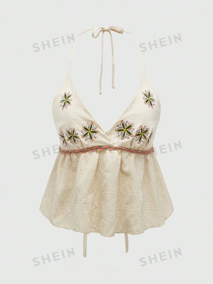 ROMWE Hippie Camiseta sin mangas para mujer con tirantes bordados de muñeca de algodón hippie y lazo de moño