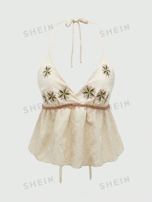 ROMWE Hippie Camiseta sin mangas para mujer con tirantes bordados de muñeca de algodón hippie y lazo de moño