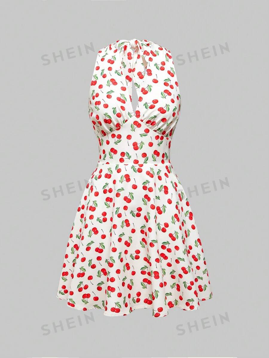 ROMWE Kawaii Vestido de verano sin espalda y cuello halter estampado cerezas para mujer