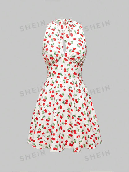 ROMWE Kawaii Vestido de verano sin espalda y cuello halter estampado cerezas para mujer
