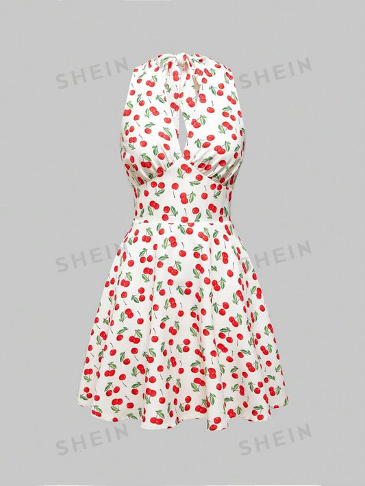 ROMWE Kawaii Vestido de verano sin espalda y cuello halter estampado cerezas para mujer