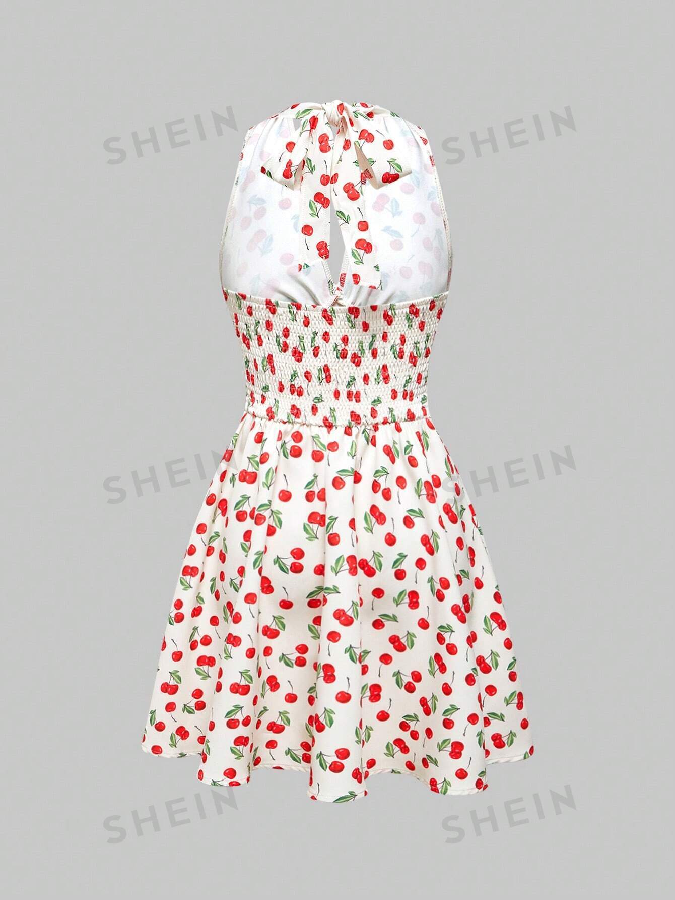 ROMWE Kawaii Vestido de verano sin espalda y cuello halter estampado cerezas para mujer