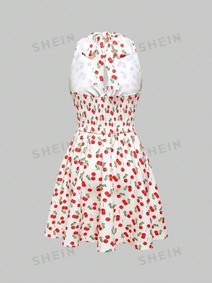 ROMWE Kawaii Vestido de verano sin espalda y cuello halter estampado cerezas para mujer